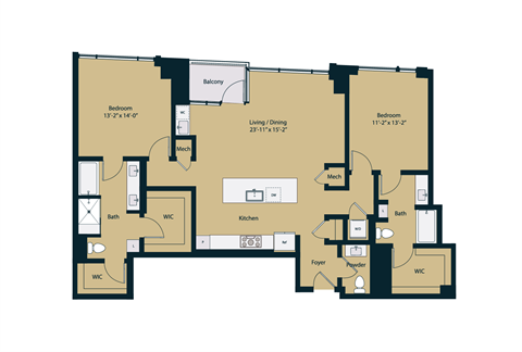 Floor plan for 2 beds, 2.5 baths, 1509 sqft